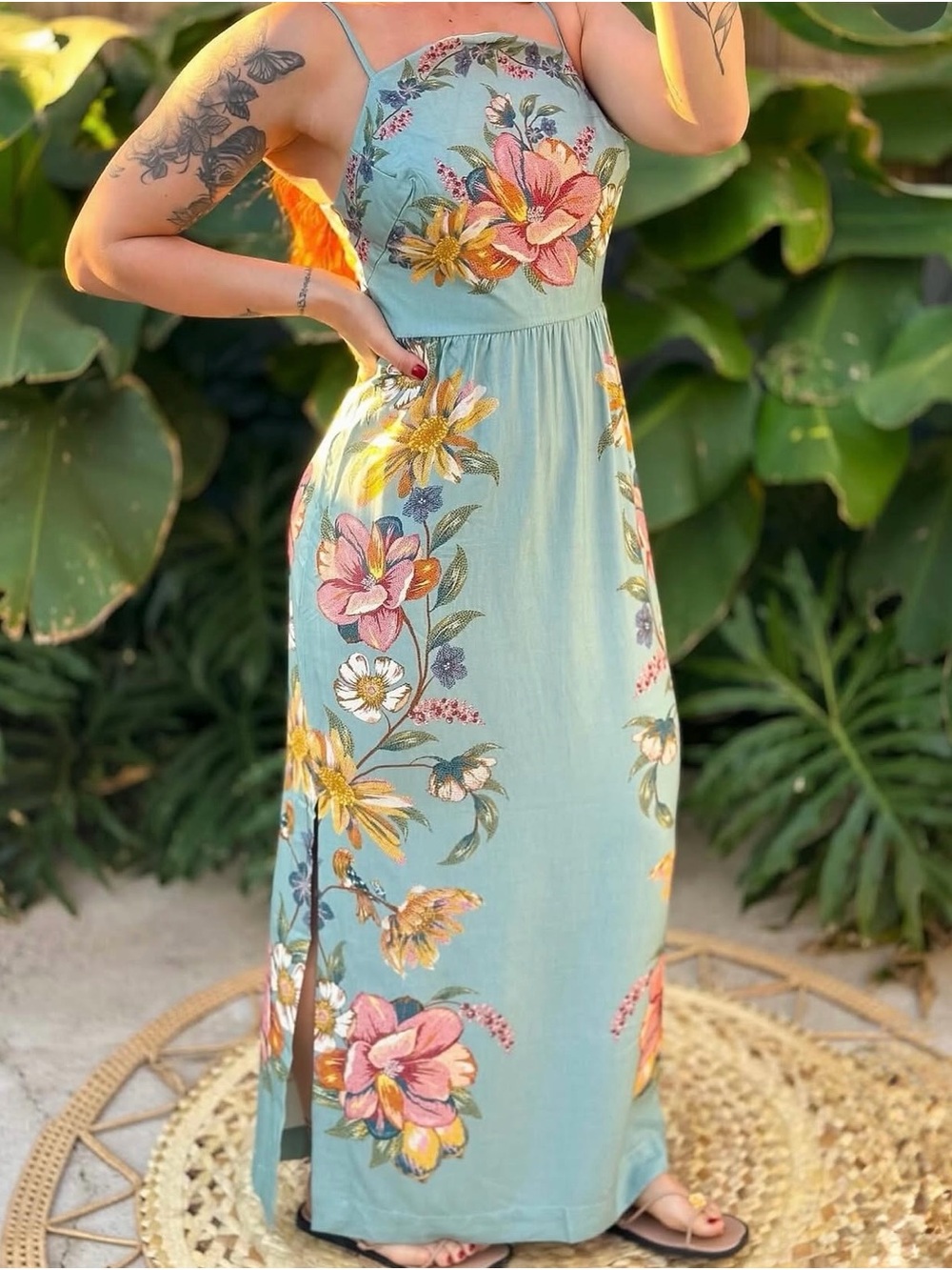 FARM Rio Floral Maxi Dress with Pink & Yellow Blooms Size S